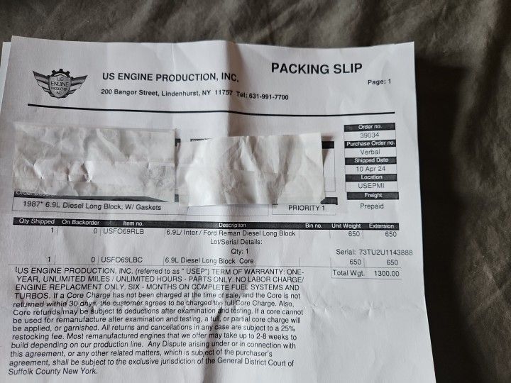 1987 6.9 Diesel Long Block Ford Rebuilt