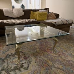 Brass & Beveled Glass Coffee Table (with cabriole / swan legs)