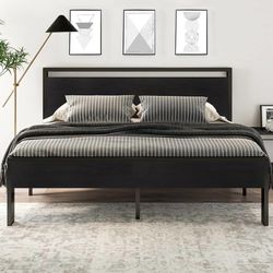 14 Inch King Size Metal Platform Bed Frame with Wooden Headboard and Footboard, Mattress Foundation, No Box Spring Needed, Large Under Bed Storage,Bla
