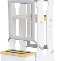 Toddler Tower for Kids 1-3, Adjustable Wooden Toddler Standing Tower with Detachable Nets & Support Feet, Kitchen Step Stool with Anti-Slip Mats for N