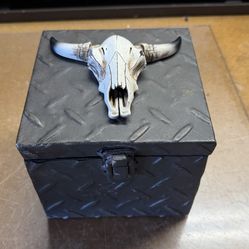 vintage bull skull metal box small storage 6”x5”