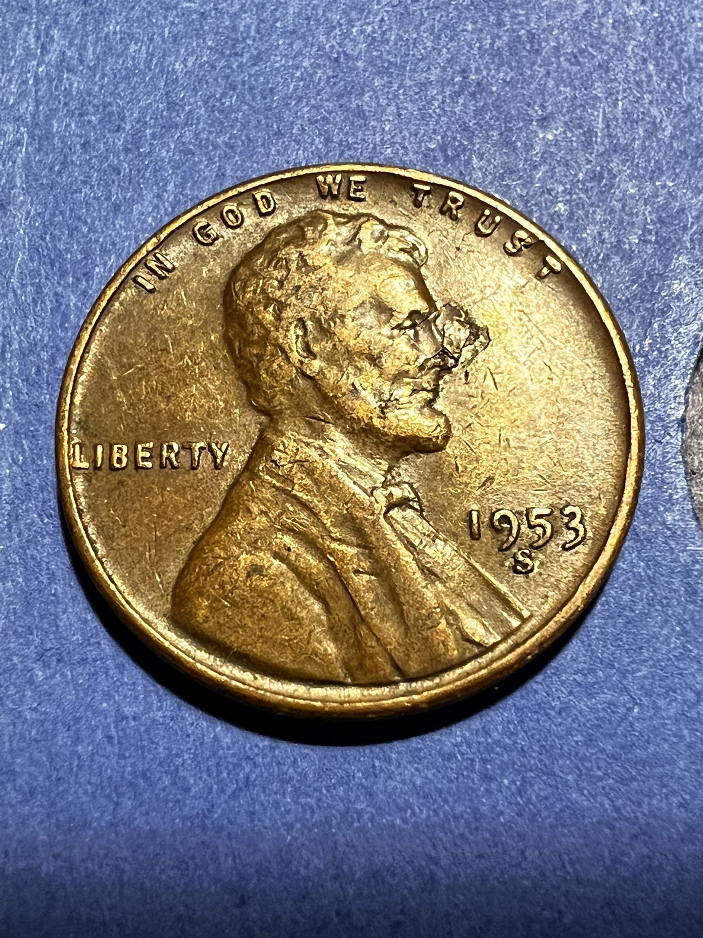 1953-S Lincoln Wheat cent Retained Lamination Peel Error Over Face