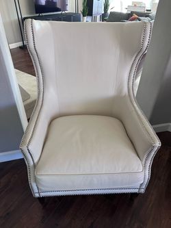 Cream Leather Wingback Accent Chair with Nailhead Trim
