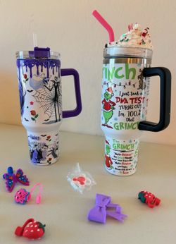 * Large metal tumblers Gightmare Before Christmas Grinch 🎄 straw toppers.