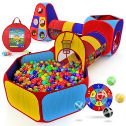 Playz 5pc Kids' Play Tents & Tunnels - Ball Pit for Toddlers, Basketball Hoop, Crawling Tubes, Pop-Up Playhouses, Baby Obstacle Course for Indoor or O