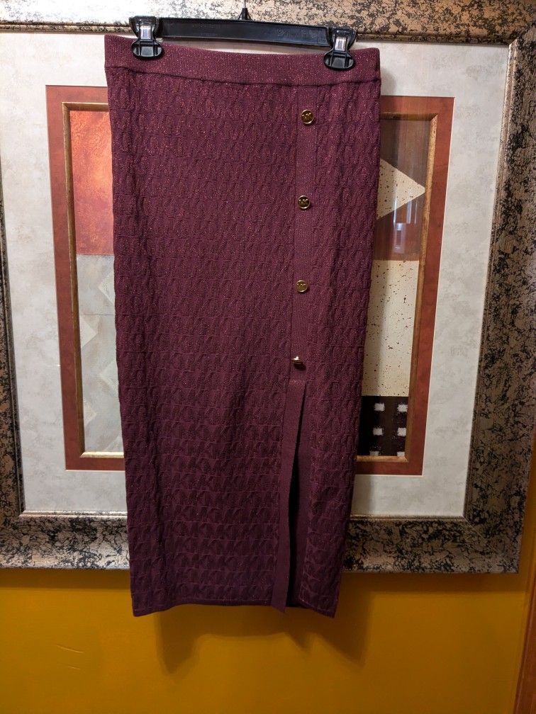 Elegant Michael Kors Burgundy Knit Skirt - Midi Length, Button Detail, Size S