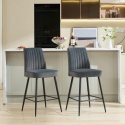 Adjustable Velvet Bar Chairs Set of 2, Beige Counter Height Stools with Adjustable Iron Feet for Kitchen, Restaurant (Grey + Velvet + Contemporary+Adj