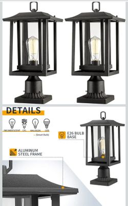Beionxii Outdoor Post Lights, Large Exterior Lamp Post Light Fixture with Pier Mount Base, Black Cast Aluminum w/Clear Glass (19" x 9") - A197P-2PK (N