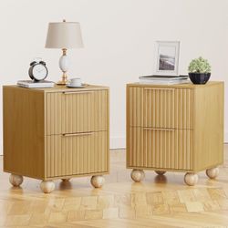 0365d Fluted Nightstand Set of 2, Boho Night Stand with Spacious Storage Drawers, Natural Oak Bedside Table with Solid Wood Round Legs for Bedroom, En