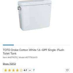 TOTO Drake Cotton White 1.6 -GPF Single -Flush Toilet Tank replacement $80