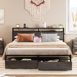 King Bed Frame with Storage Headboard, Platform Bed with Drawers and Charging Station, No Box Spring Needed, Easy Assembly, Charcoal Grey