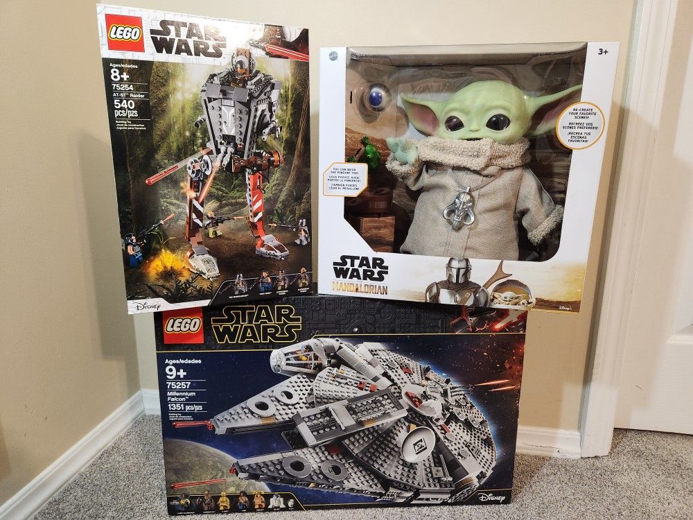 Star Wars Lego Bundle. Millenium Falcon, Mandalorian Raider, Baby Yoda. Never opened. BRAND NEW. Great Gift! 