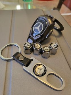 Mercedes Benz valve stem covers, push button engine start cover, & Key chain.
