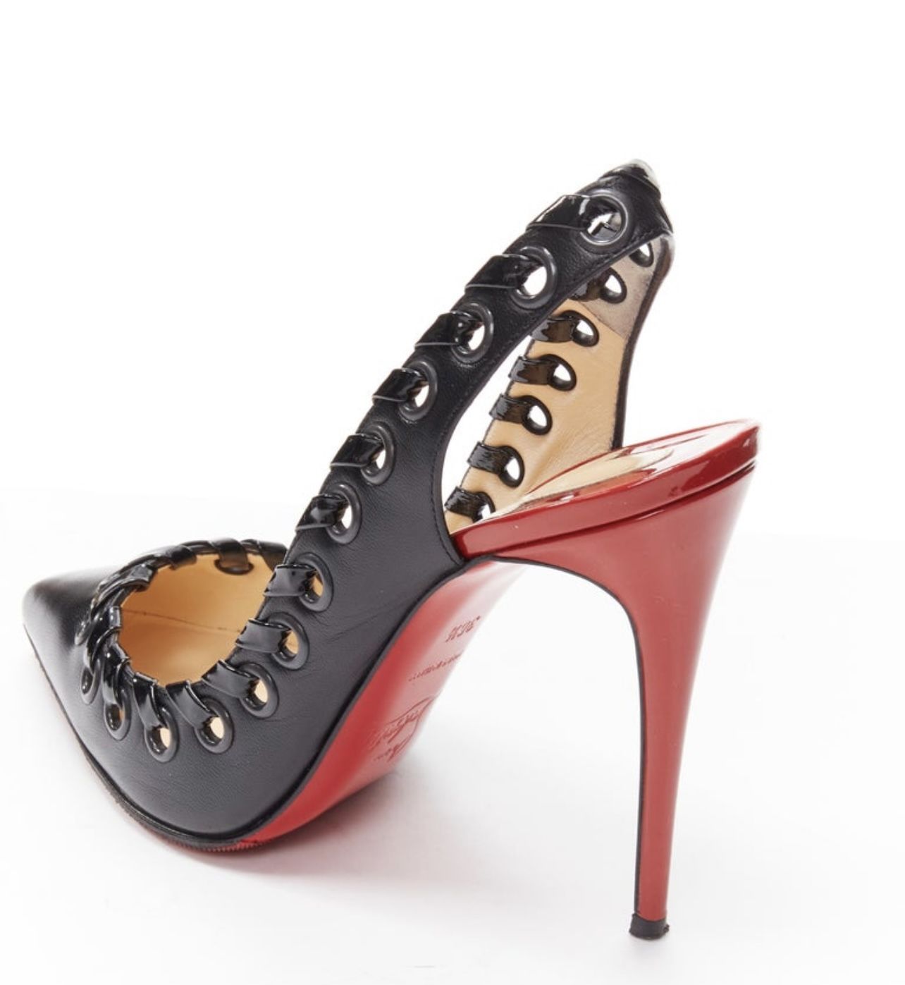 CHRISTIAN LOUBOUTIN Ostri 100 black woven detail sling high heel pumps Size 38,5