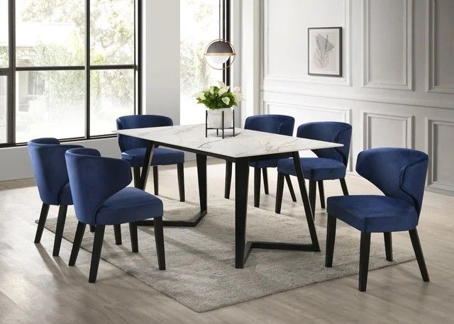 White Blue Dining Table + 6 Chair Set
