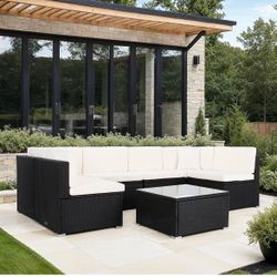 Assembled New 7-Piece Patio Furniture Set - Outdoor Sectional Sofa Set with Cushions and Glass-Top Coffee Table