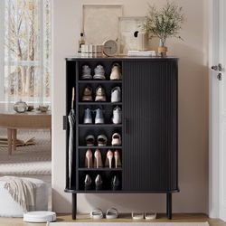 6-Tier Shoe Cabinet with Sliding Door, Wooden Shoe Storage Cabinet with Adjustable Shelves, Mid-Century Modern Freestanding Shoe Storage Organizer for