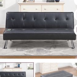 Convertible Sofa 66"x32"x30"H (up). 66"x 37" x 16"H (Flat ) W/USB ports Black faux leather or Bule gray poly fiber or Black