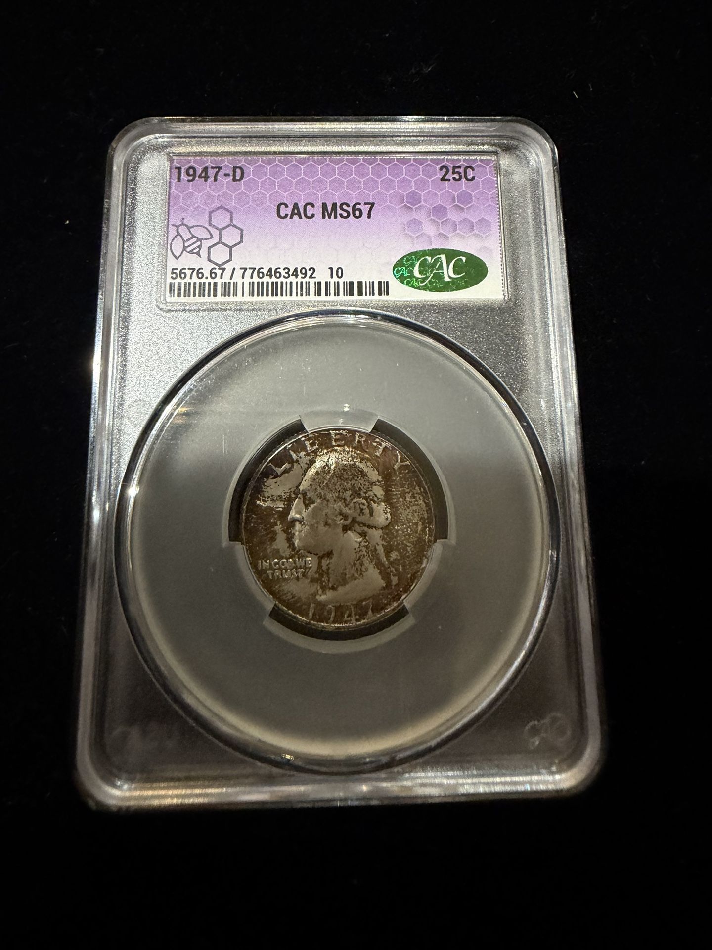 1947-D 25c MS67 CAC EyeCatching Toned