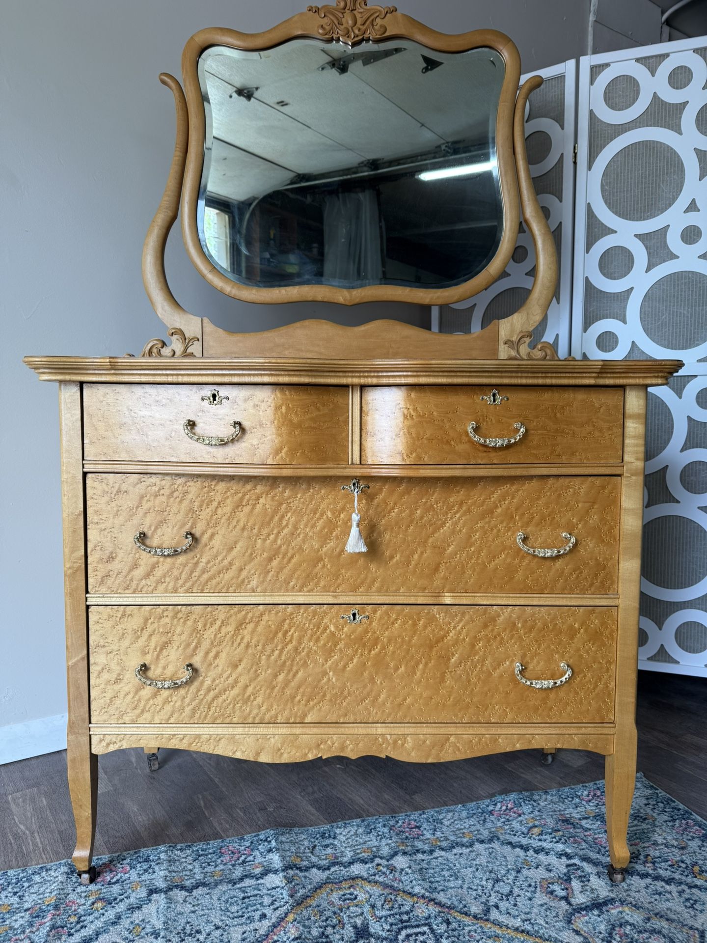 Antique Birdseye Maple Dresser With Mirror