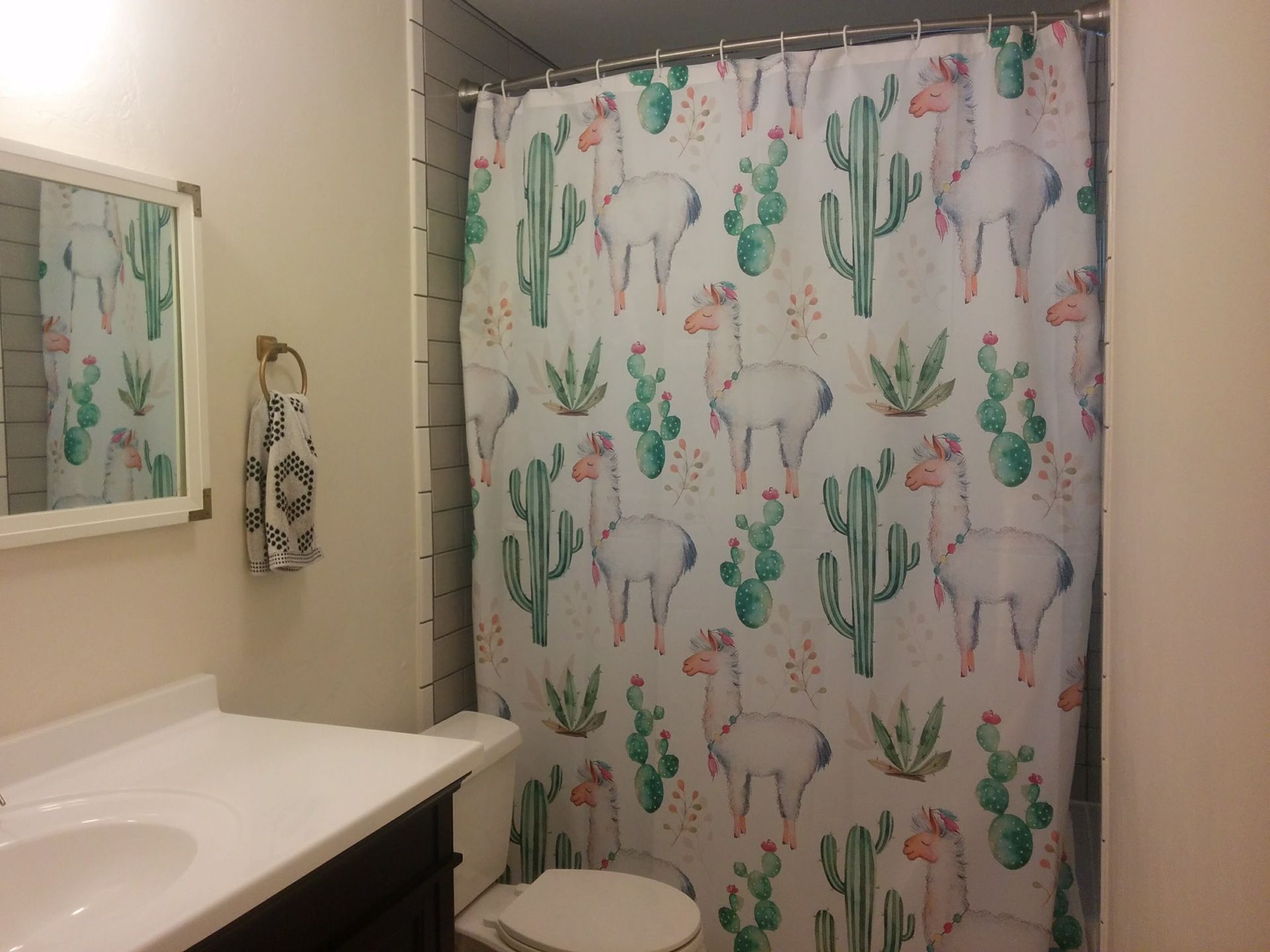 Cactus and Llama shower curtain with brand new liner