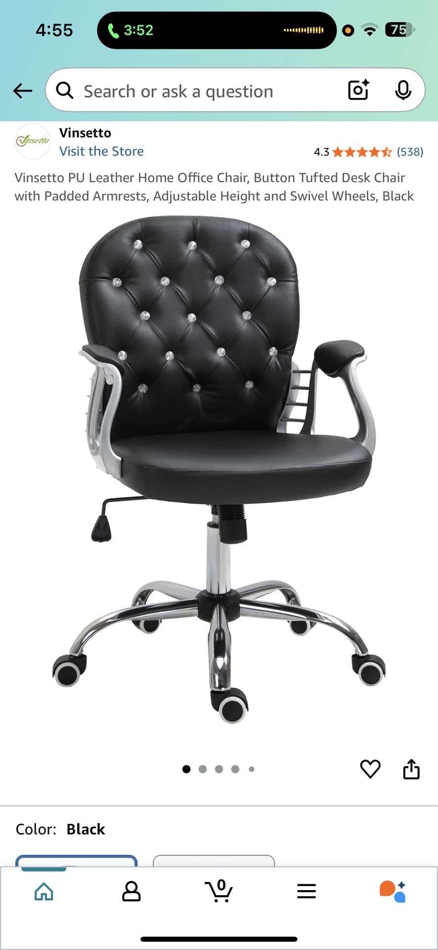 Brand New Black Velvet Plush Tall Back Height Adjustable Reclining Office/Vanity Chair w/Rhinestones