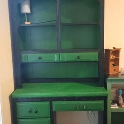 Green And Black Antique Desk With Hutch
