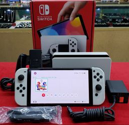 Nintendo Switch OLED 64GB Video Game System with Left & Right White Joy-Cons, AC Adapter, Dock, Straps, Joy-Con Grip, and Original Box - Working