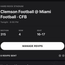 Two Tickets For Clemson Vs Miami Tonight 