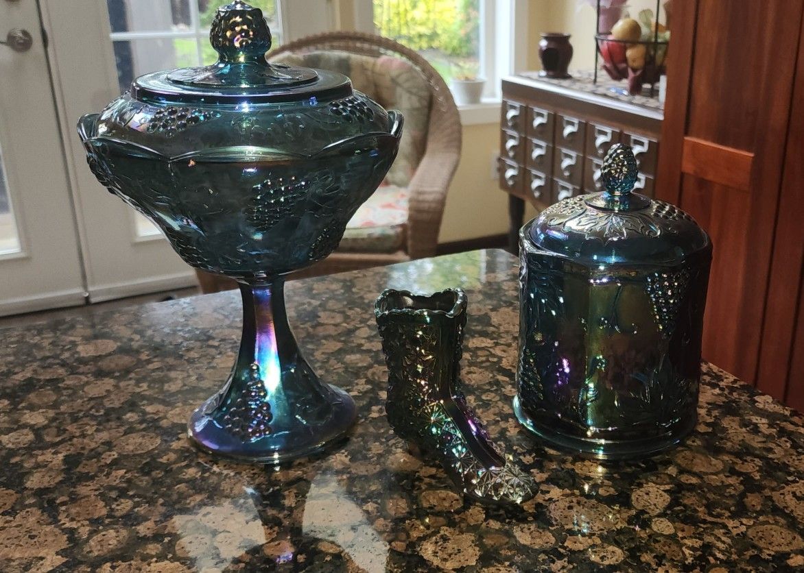 Vintage Set Of 2 COBALT GLASS BLUE CARNIVAL GLASS  COMPOTE, CANDY JAR AND BOOT