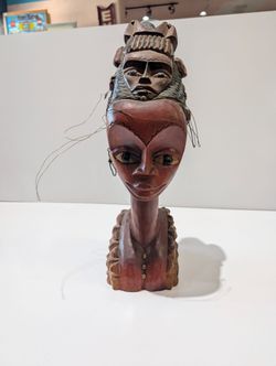 Vintage Hand Carved African Tribal Bust Sculpture Wood Female Head Art Decor