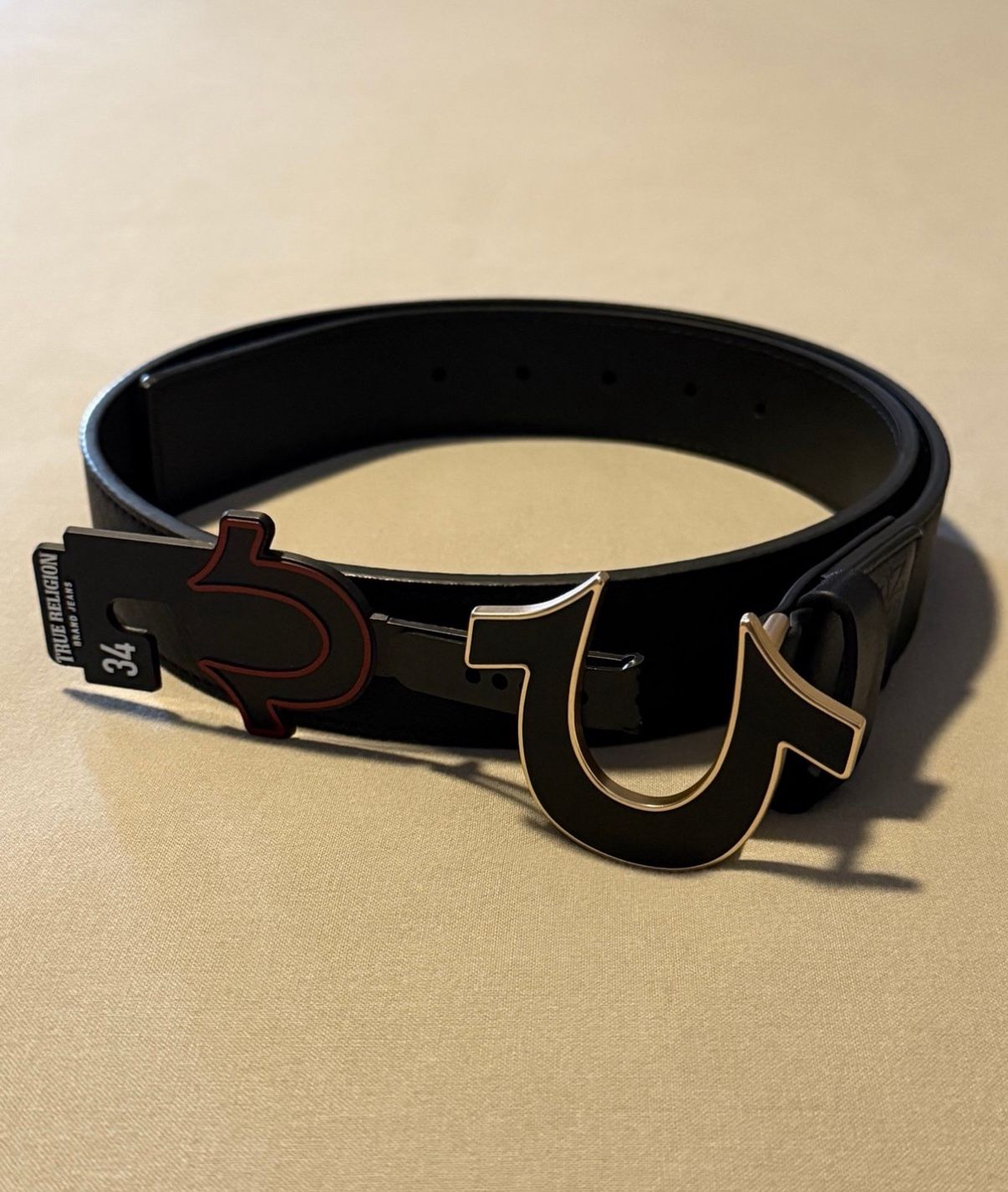 True Religion Brand Jeans Men’s Black Gold Horseshoe Buckle Belt New DS