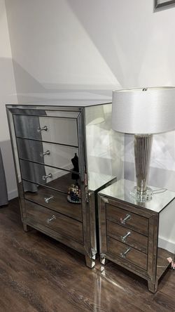 Grey/ Silver/ Mirror Dresser, Nightstand, Lamp