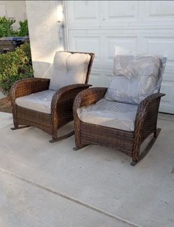 Patio rocking chairs available in beige or gray cushions price is firm 🆕✅☑️
