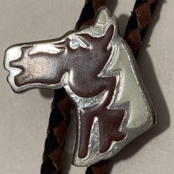 Vintage Bolo Tie Silver And Brown Enamel Horse