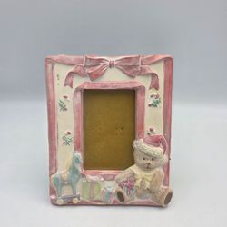 Vtg Teddy Bear Christmas Hat CandyCanes RockingHorse Child's Picture Frame Resin