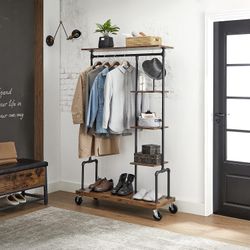 New Clothes Rack, Clothing Garment Rack on Wheels, 5-Tier, Industrial Pipe Style, Rustic Brown