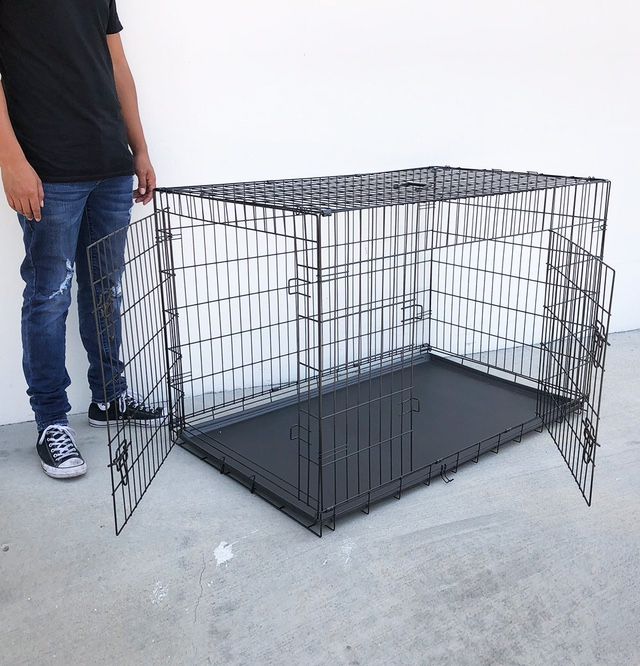 (NEW) $75 Folding 48” Dog Cage 2-Door Pet Crate Kennel w/ Tray 48”x29”x32” 