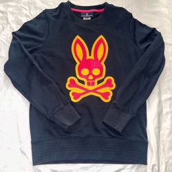 Psycho Bunny Sweatshirt Mens XS Blue Neon Bunny Skull Crewneck Pullover Sweater