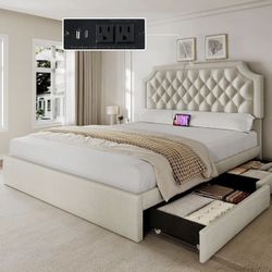 UPHOLSTERED BED FRAME KING SIZE WITH STORAGE DRAWERS AND CHARGING STATION BRAND NEW IN BOX!!!