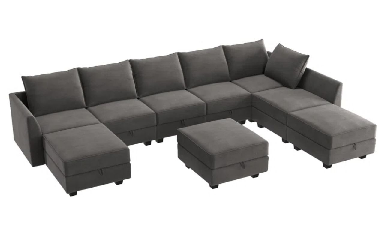 Grey Polyester Sectional Couch With Ottoman Band New 