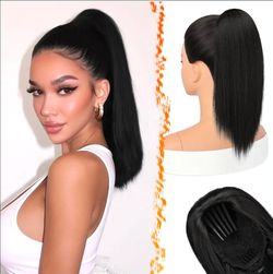 BARSDAR Black Straight Drawstring Ponytail Extension - 16 Inch Short Straight Drawstring Ponytail Extension Natural Soft Synthetic Cheer Posh Pony Tai