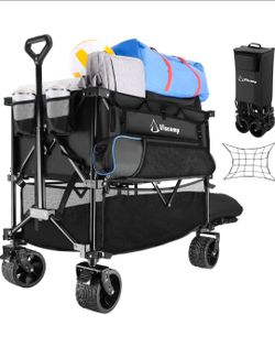 485LBS Double Decker Wagon, Beach Wagon Carts Foldable Heavy Duty Collapsible Wagon Garden Cart Grocery Cart Beach Wagon with Big Wheels for Sand Shop