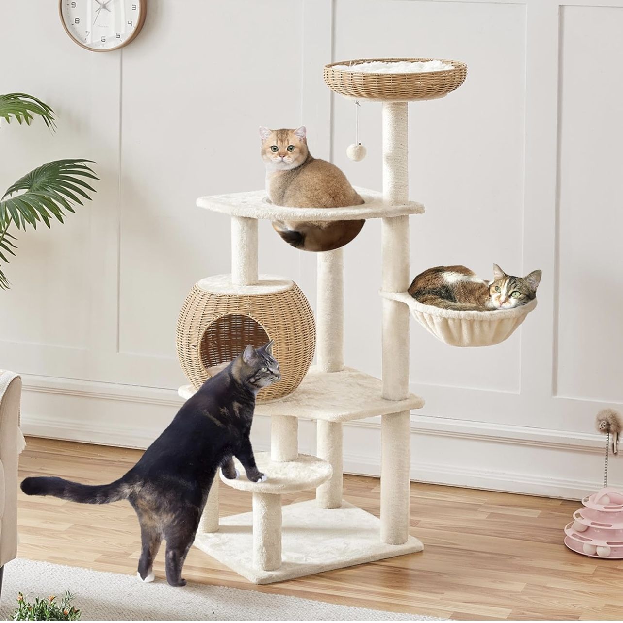 Cat Tree, 54in Rattan Cat Tree Tower with Luxury Woven Condo, Clear Bowl, Washable Cushions, and Scratching Posts, Cat Furniture for Indoor Cats