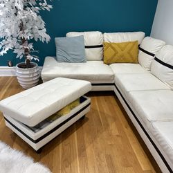 Off-white Faux Leather Section Sofa with Black Stripe Accent And  Storage Square Ottoman 