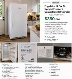 Frigidaire 17 Cu. Ft. Upright Freezer / Convertible Refrigerator – Works Great – Garage Ready