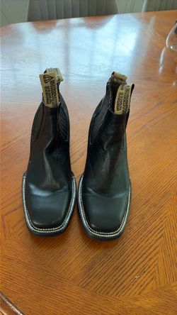 WHITE DIAMOND SQUARE TOE LEATHER BLACK ANKLE BOOT