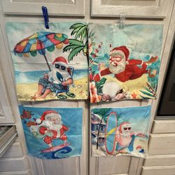 NEW 4 Pc 18" Beach Christmas Pillow Covers Santa  Linen Holiday Decor