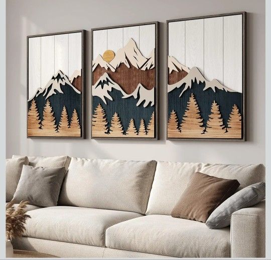 Framed Textured Wood Mountain Wall Art for Living Room, Large 3 Piece 3D Wood Farmhouse Artwork for Walls, Boho Landscape Mountain Forest Sun Wall Art
