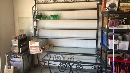 Wrought iron shelves and side table